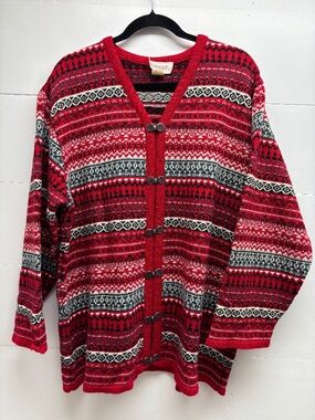 Vintage NuVogue Fair Isle Cardigan Sweater Red Black Nordic Metal Clasps size 2X